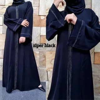 Abaya Hitam Dubai 714 Exclusive Black Diamond Ziper Black