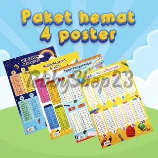 Paket hemat 4 Poster Edukasi anak merk Kiky,poster Penjumlahan, pengurangan, perkalian, pembagian, Poster Dinding