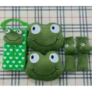 Set Bantal headrest kepala Jok mobil boneka keropi keroppi kerokeropi kodok Love Hijau Besar 3 in 1