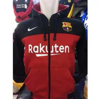 SWEATER ZIPPER HOODIE BOLA BARCELONA HITAM MERAH