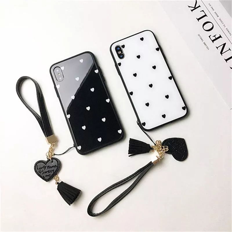 Casing iPhone SE X XR Xs Max 6 6s 7 8 Plus 5 5s Love Heart Wristband Hard Cover Lanyard Glass Case