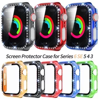 Transparent PC Diamond Case with Glass Film for Apple Watch SE Cover Series 6 5 4 3 2 1 Screen Protector Bumper 40mm 44mm 38mm 42mm