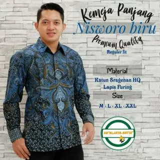 Hem batik solo murah lengan panjang full furing Nisworo Biru / Batik Katun Sragenan high quality