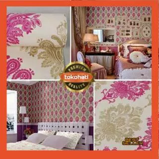 Wallpaper dinding batik gold pink,wallpaper batik