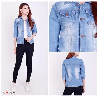 [M - XXXL] Jaket Jeans Denim Wanita STRETCH Warna Biru Muda  Polos JSK 3354