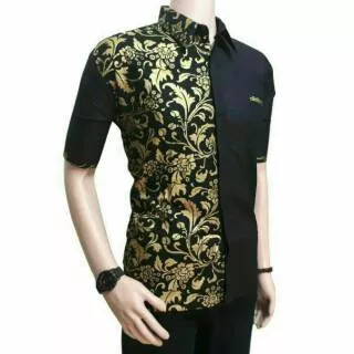 KEMEJA HEM KOKO BATIK MOTIF BAKUNG WARNA HITAM KOMBINASI PRADA EMAS MOTIF DAUN BUNGA CASUAL KERJA