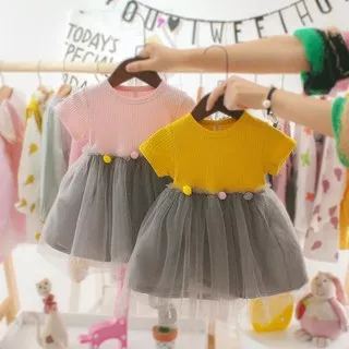 Mini Dress POM POM Baju Anak 1 Tahun Pink Kuning Putih