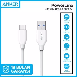 Kabel Charger ANKER PowerLine Usb Type C to Usb 3.0 Cable Cas Fast Charging QC Quick Charge 3.0 USB-C to USB-A 3ft 0.9m White / Black support Samsung Xiaomi Redmi Mi Huawei Oppo Vivo 5A 3A 2A 2.5A 60W 45W 30W 25W 15W 12W - A8163