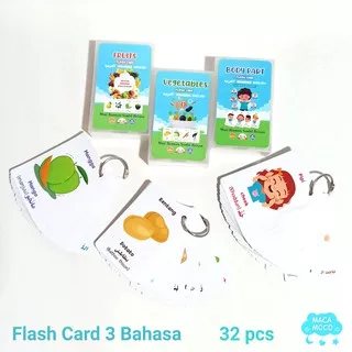 Flash Card 3 Bahasa (Indonesia, English, Arab) Kartu Pintar Edukasi Anak Balita 32 pcs Buah, Sayur