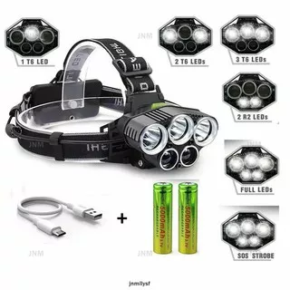 Lampu Senter Kepala 5 Led 3t6 + 2q5 6 Mode Usb Rechargeable Baterai 18650 Untuk Memancing / Hunting / Sepeda