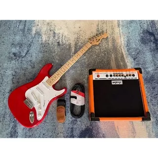 Paket Gitar Fender Stratocaster Warna merah & Ampli Orange