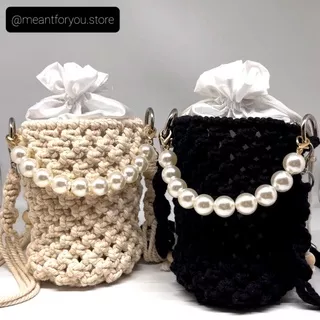 [ MEANTFORYOU ] Jolene bucket bag | tas makrame dengan kain furing di bagian dalam high quality tabung serut macrame sling bag hitam black krem cream selempang hand bag furing bohemian tabung bulat lingkaran mutiara estetik aesthetic klasik classic clutch