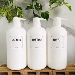 HOME LIVING 1000ml Bathroom Bottle Aesthetic + Stiker Minimalis Botol Pump Plastik Refill Shampoo Soap Dispenser Sabun Lotion Detergent Toiletries Daily Cleanser