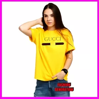 Baju Lebaran 2022 -  Baju Kaos Wanita Pria Lengan Pendek - Kaos Distro-Kaos Gucci Wanita Pria Non Original Import Kuning