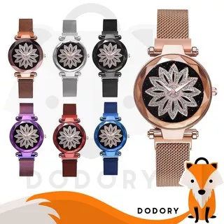 DODORY J158 Jam Tangan Perempuan Motif Bunga Glitter Rantai Magnet Woman Flower Watch Fashion Murah