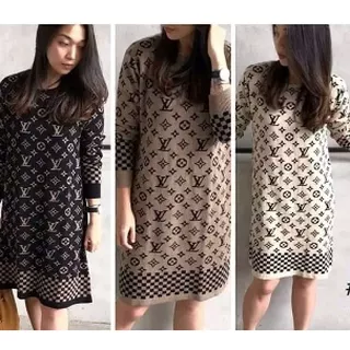 Dres Rajut Import/Dres Tunik Tangan Panjang Motif LV/Dres Rajut Import Terbaru