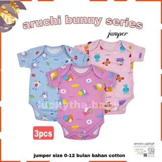 3pcs- aruchi Jumper bayi pendek segitiga 0-12 bulan / Jumper baby girl aruchi/ baju terusan segitiga cewe/ baju kodok pendek aruchi bunny series