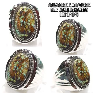 cincin batu pirus persia asli natural motif classik ring monel handmade atau batu turquoise