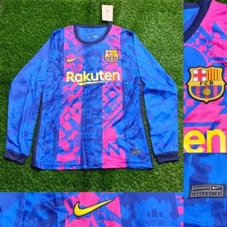 Jersey Grade Ori Kaos Baju Bola Barca Barcelona Biru Merah UEL LS Lengan Panjang 2021 2022 Garde Premium Impor