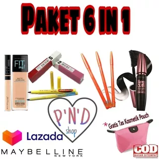 Paket Makeup 5 in 1 paket kosmetik wanita lengkap komplit murah promo super hemat maybeline make up lengkap 1 set Maybelline Fit Me Foundation & Concealer - Maskara - Eyeliner - Pensil Alis - lip matte Gratis Tas Kosmetik Pouch