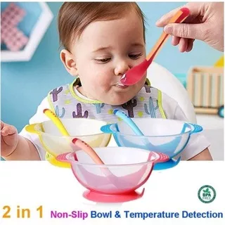 Mangkok Bayi MPASI Silicone Dengan Sensor Panas, Anti Slip, Anti Tumpah, Mangkok Bubur MPASI Anak Set Sendok Makan, Mangkok Tempat Makan