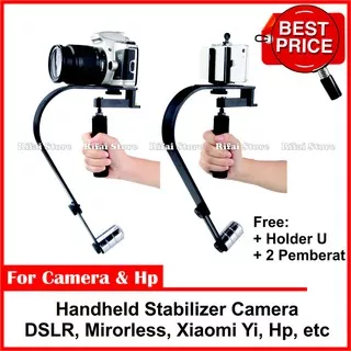 Handheld Stabilizer Kamera + Holder U, untuk Kamera DSLR, Action camera, dan Smartphone