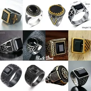 Cincin pria tengkorak punk style men ring black stone series