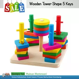 ONTY Wooden Tower Shape 5 Keys - Montessori Puzzle Kayu Bentuk Kunci - Unik dan Edukatif