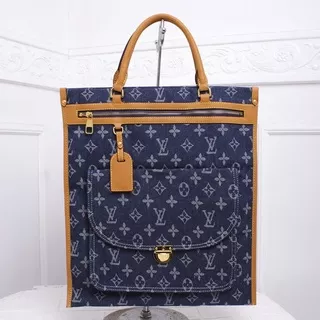 TAS BRANDED IMPORT || Louis Vuitton LV Flat Shopper Denim Monogram Biru Jeans Uk. 36 cm