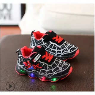 sepatu lampu led anak laki laki import sporty spiderman black hitam