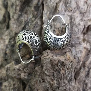 Anting Earrings Silver Perak Bali Bulat Motif Ukir Bunga Kamboja jepun keranjang Kriul Unik Asli 925