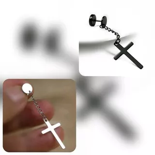 ROBAGIN Ant191 anting salib rantai panjang perak hitam stainless pria wanita korea piercing punk