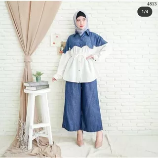 Setelan kulot denim kombi katun linen