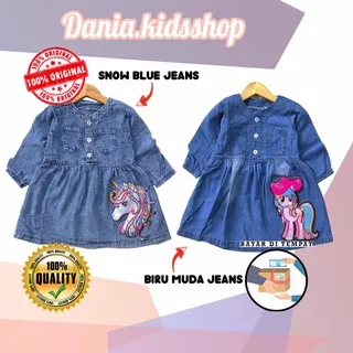 Baju anak perempuan cewek pakaian fashion dress dres jeans prempuan lengan panjang untuk usia bayi 1 2 3 4 5 6 tahun bahan denim lembut nyaman adem untuk pesta kondangan ulang tahun terbaru kualitas bagus terbaru kekinian snow blue biru muda motif unicorn