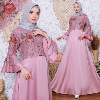 GAUN PESTA KONDANGAN BAHAN SATIN SILK KOMBINASI BROKAT TILE BORDIR BUNGA MAXI DRESS PARTY WANITA