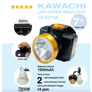 KAWACHI LED SUPER HEADLIGHT 7 WATT + FREE LED DC 5 WATT LY-3275K / SENTER KAPALA KAWACHI SUPER LED 7 WATT + BONUS LAMPU 5 WATT + KOREK API / SENTER KEPALA / SENTER LED / SENTER CAS / HEADLIGHT