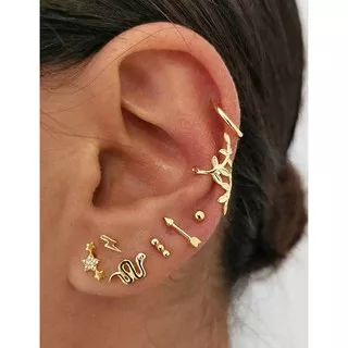 LRC Anting Tusuk Fashion Golden Diamond Leaf Snake Star Stud Earrings Set D63514