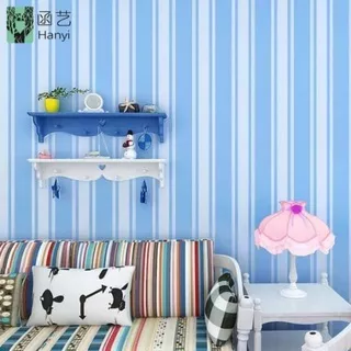 Wallpaper Dinding Kamar Biru Garis Putih Minimalis