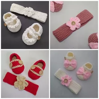 Bandana rajut bayi/ Set sepatu& flower headband