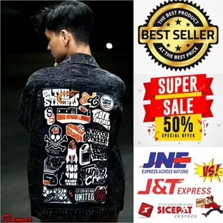 JAKET JEANS SANDWASH-JEANS DENIM PRINTING-JAKET JEANS HITAM PRIA-JAKET JEANS GAMBAR BELAKANG-JEANS DENIM