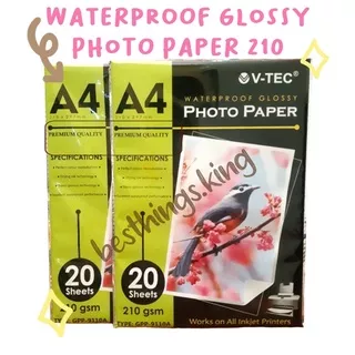 Kertas Foto A4 Glossy V-Tec Waterproof Photo Paper VTec 210 gsm tahan air