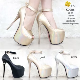 YKshoes 0985 heels 17cm peep toes gold silver heels stiletto hak tinggi opentoe kebuka glossy import