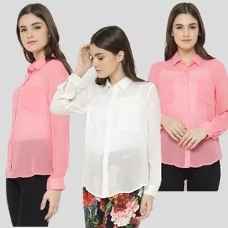 GU by UNIQLO Kemeja Wanita TwoPocket Shirt White Beige Pink
