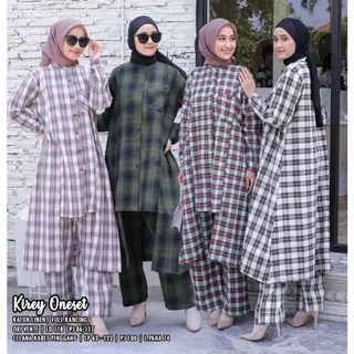 Vente Daily Kirey Oneset | Setelan Wanita Katun Linen Motif Flannel Full Kancing LD 118 Celana Kulot