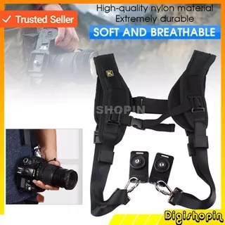 Rompi Kamera dengan Double Quick Release Caden Strap Belt Bahu untuk 2 DSLR / Tali Kamera / Double Strap Belt Kamera / Belt Bahu / Black Double Shoulder Camera Strap Sling Belt Portable Adjustment Quick Release Shoulder Strap Belt for DSLR Digital Camera