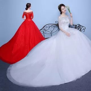 Gaun Pengantin Renda Wanita Putih Off Shoulder Gaun Pengantin Ekor Panjang White Merah Wedding Dress