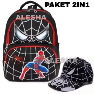 Tas ransel anak laki-laki karakter spiderman 2in1- tas anak - tas + topi
