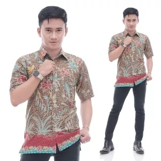 Kemeja batik pria modern hitam manis motif wayang tiedy