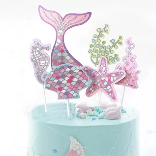 6 pcs Perlengkapan Dekorasi Kue Cupcake Pesta Ulang Tahun Bertema Putri Duyung