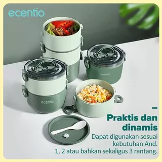 FOODI 2200ml Rantang lunch box 3 susun anti tumpah tahan panas kotak makan tempat bekal makanan piknik/kantor free sendok bulat hijau